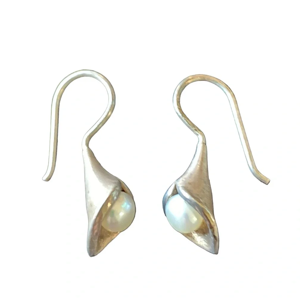 Sterling Silver and Pearl Bugle Shaped Teardrop Earrings